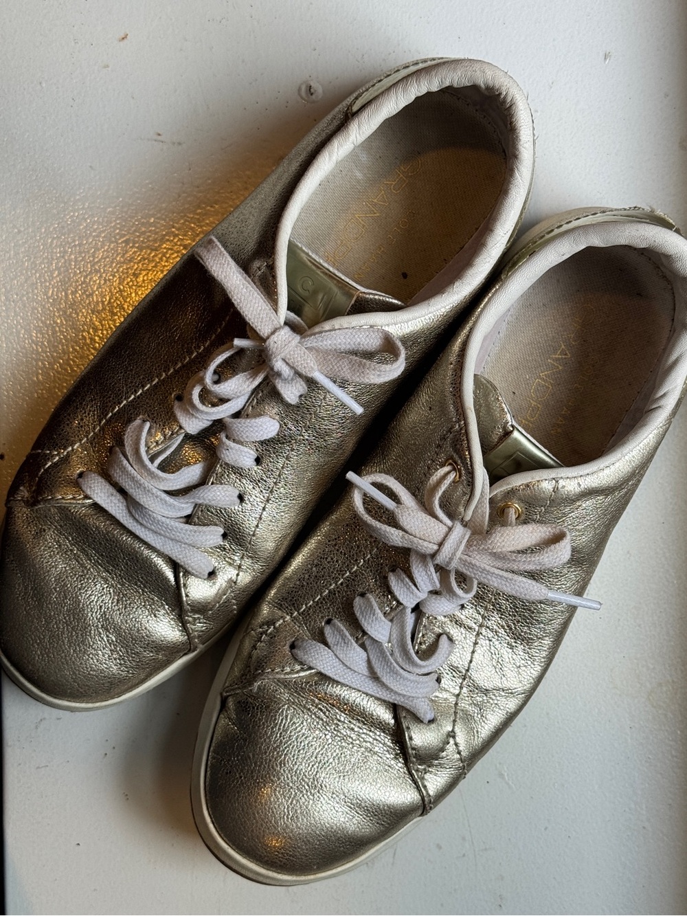 Gold/Metallic Cole Haan Grandpro Leather Sneakers with White Laces